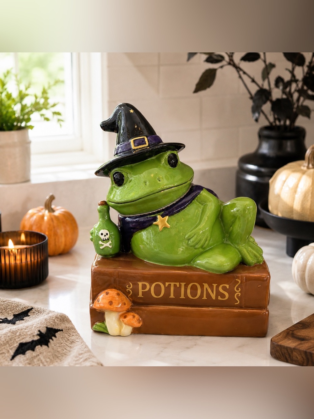 Halloween Witch Frog “Potions” Ceramic Cookie Jar 112 oz